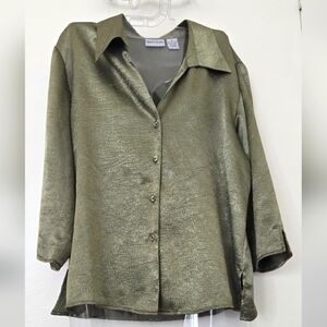 Apparenza Silk Short Sleeve Blouse Olive Green EUC 1X
